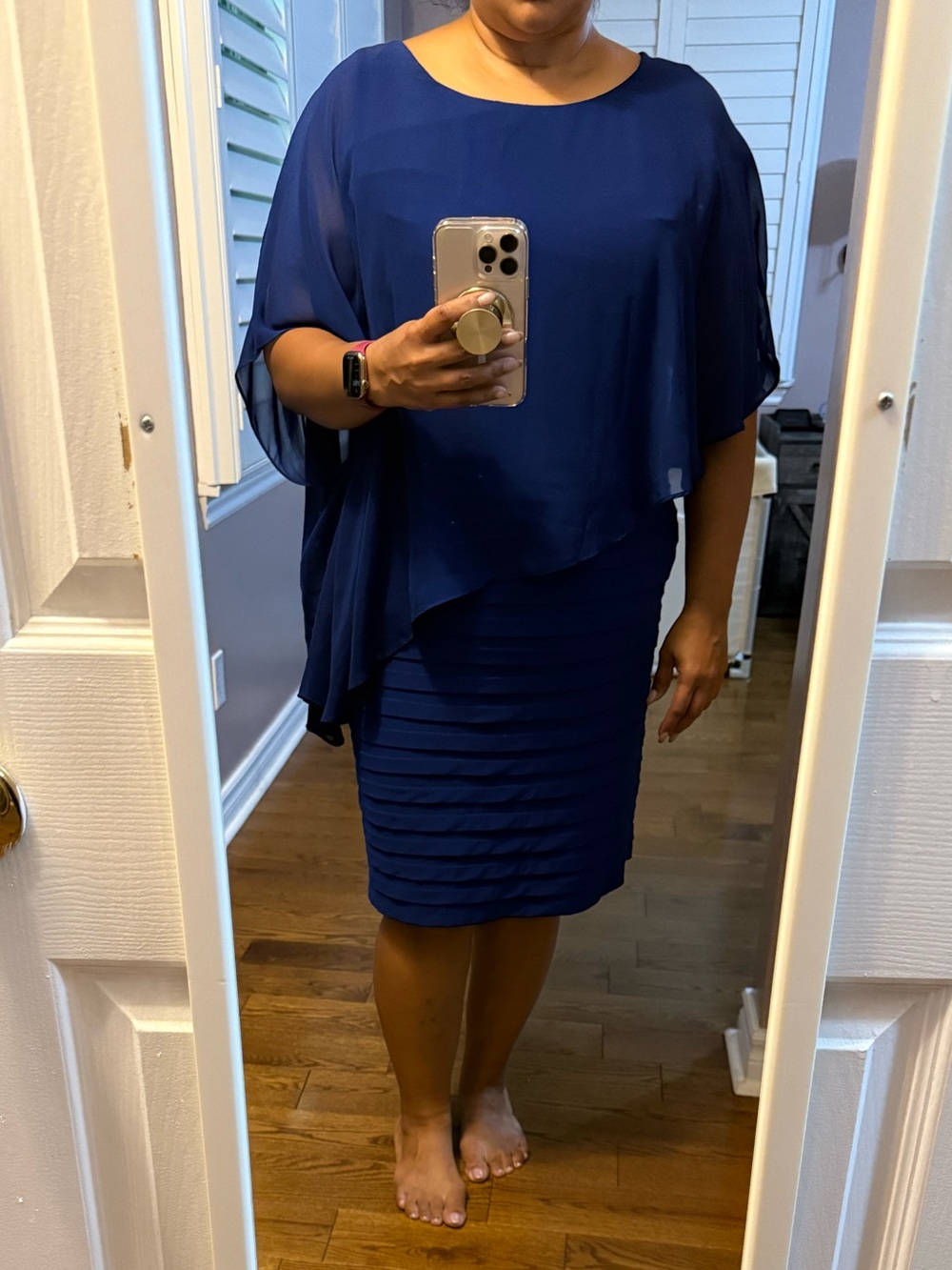 Adrianna Papell Cobolt Blue Bodycon Dress with Chiffon Capelet